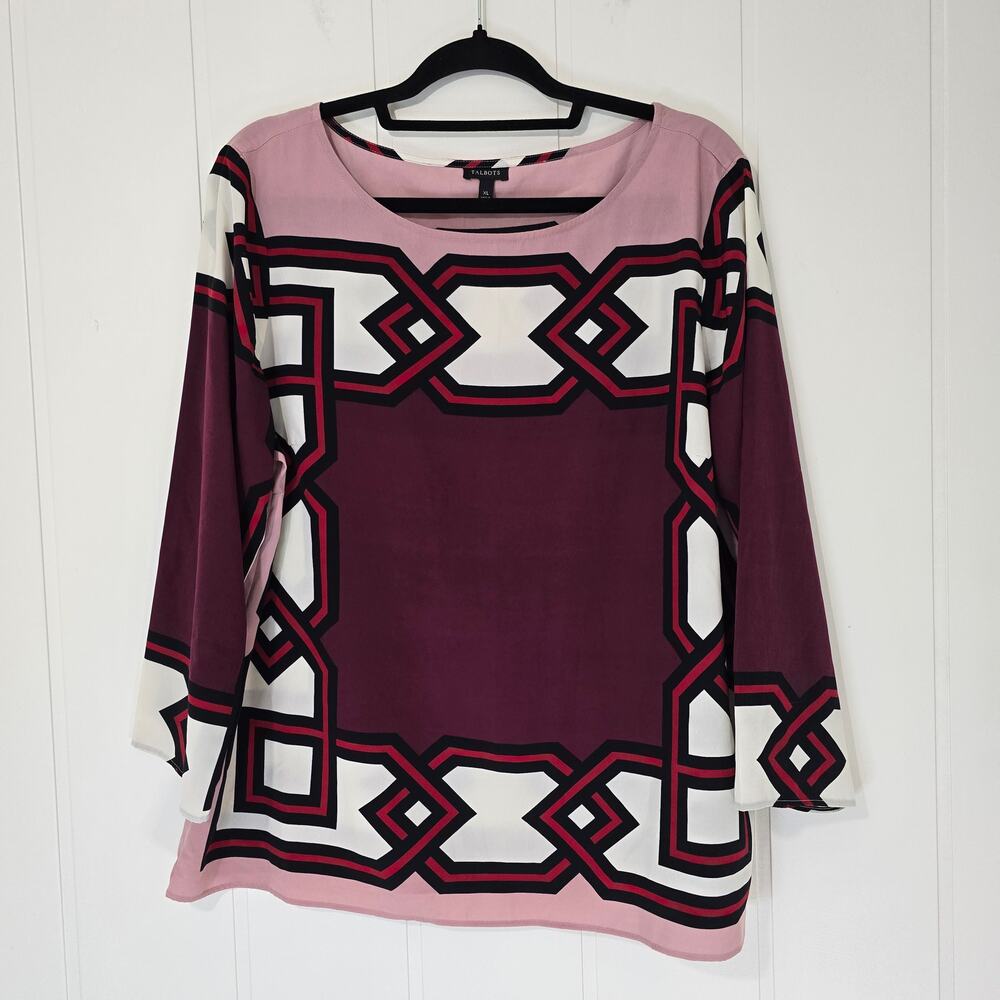 Talbots red, black, and pink geometric print pullover blouse top size XL